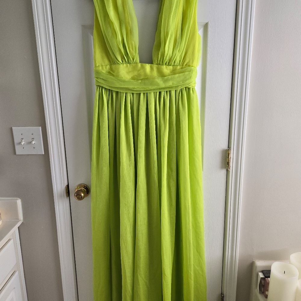 Miss Circle Valley Of Angels Lime Chiffon Pleated High Slit Maxi Dress